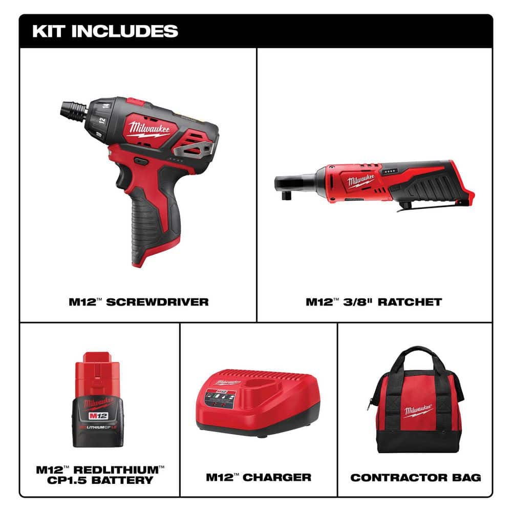 Milwaukee M12 12V Lithium-Ion Cordless 3/8 in. Ratchet & Screwdriver Combo Kit (2-Tool) with Battery, Charger, Bag, Bit Set & PACKOUT