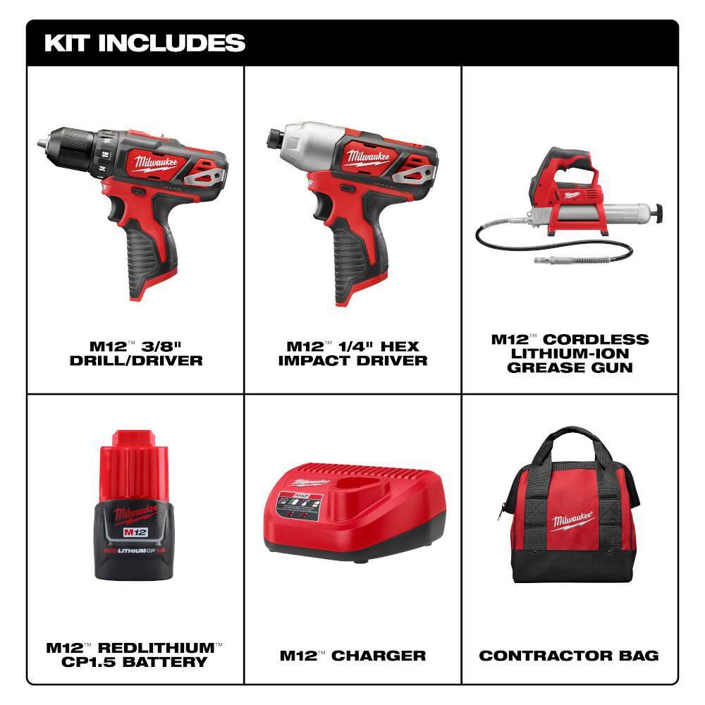 Milwaukee M12 12V Lithium-Ion Cordless Drill/Driver & Impact Driver Combo Kit with Two 1.5Ah Batteries, Charger, Bag and M12 Grease Gun