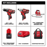 Milwaukee M12 12V Lithium-Ion Cordless Drill/Driver & Impact Driver Combo Kit with Two 1.5Ah Batteries, Charger, Bag and M12 Grease Gun