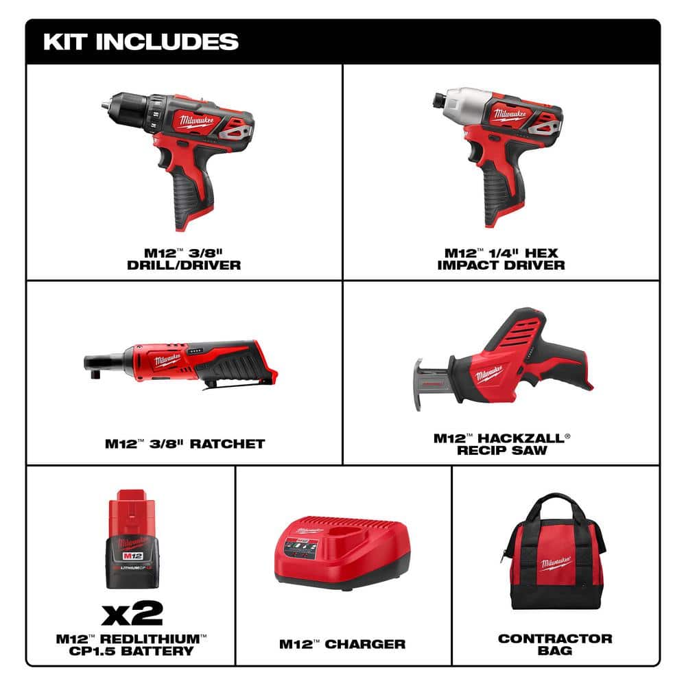 Milwaukee M12 12V Lithium-Ion Cordless Drill Driver/Impact Driver/Ratchet Combo Kit (3-Tool) w/ M12 HACKZALL Reciprocating Saw