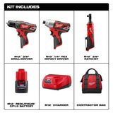 Milwaukee M12 12V Lithium-Ion Cordless Drill/Driver, Impact Driver & 3/8 in. Ratchet Combo Kit (3-Tool) with M12 Oscillating Multi-Tool