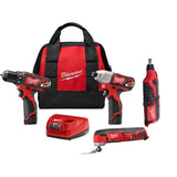 Milwaukee M12 12V Lithium-Ion Cordless Drill Driver/Impact Driver Combo Kit with Rotary Tool and Oscillating Multi-Tool