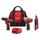 Milwaukee M12 12V Lithium-Ion Cordless Drill/Driver & Impact Driver Combo Kit (2-Tool) with M12 Rotary Tool, 2494-22-2460-20
