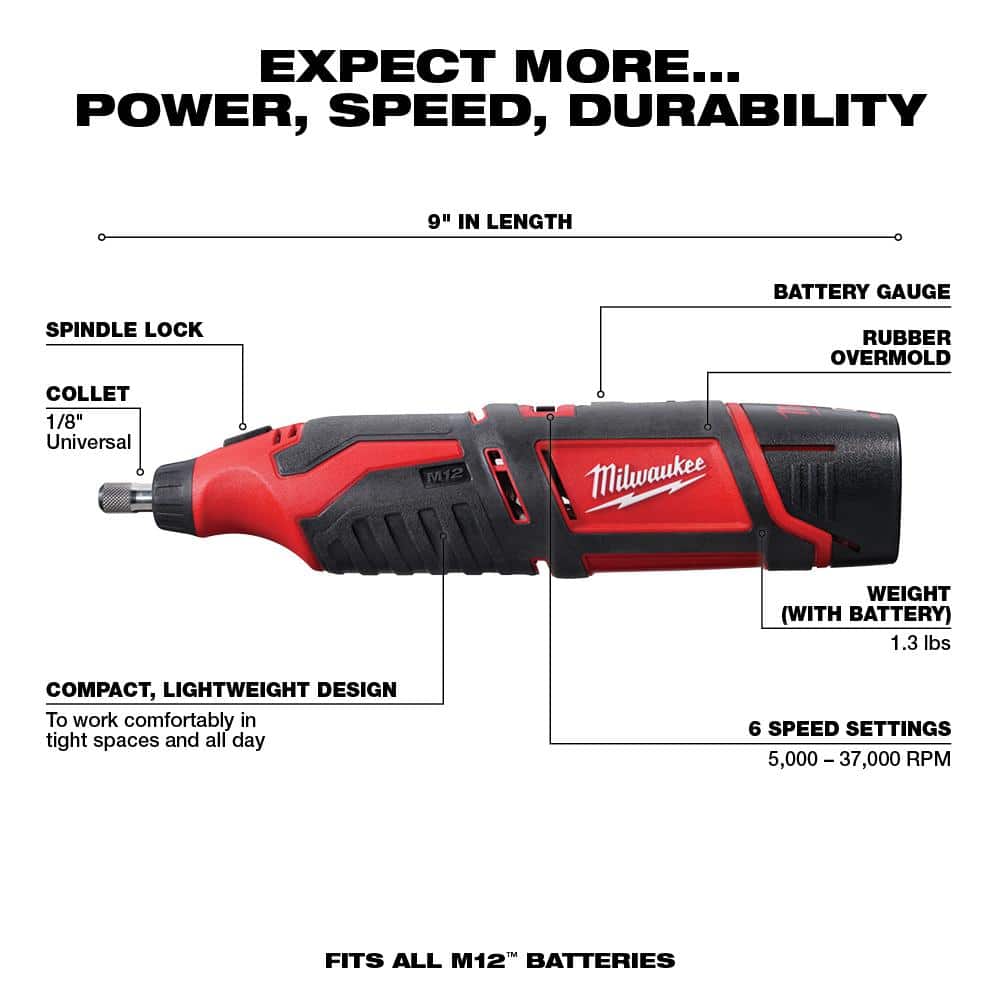 Milwaukee M12 12V Lithium-Ion Cordless Drill/Driver & Impact Driver Combo Kit (2-Tool) with M12 Rotary Tool, 2494-22-2460-20