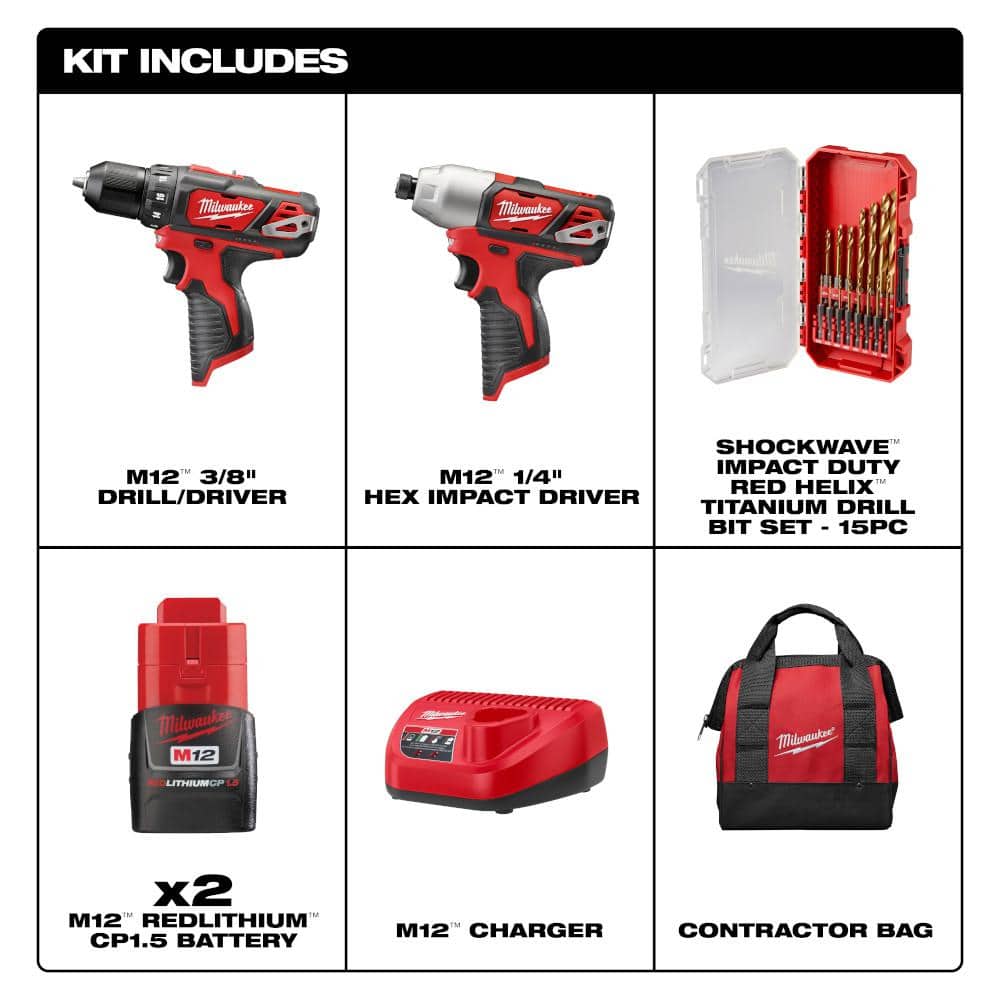 Milwaukee M12 12-Volt Lithium-Ion Cordless 2-Tool Combo Kit with SHOCKWAVE Impact Duty Alloy Steel Screw Driver Bit Set (25-Piece)
