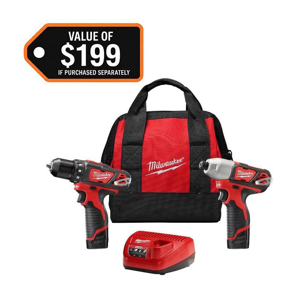 Milwaukee M12 12V Li-Ion Cordless Drill/Driver & 1/4 in. Impact Driver Combo Kit with Two 1.5Ah Batteries, 30‑Min Charger, Bag (2-Tool) + Bit Set
