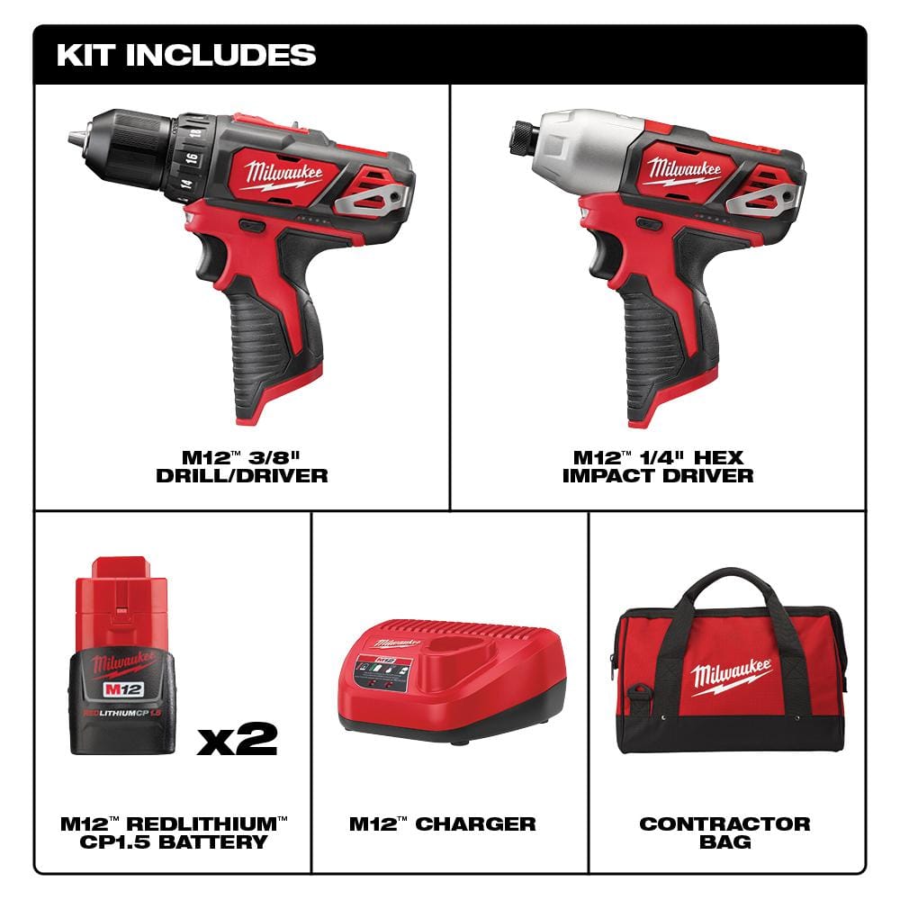 Milwaukee M12 12-Volt Lithium-Ion Cordless Drill/Driver & 1/4 in. Hex Impact Driver Combo Kit (2-Tool) with Titanium Drill Bit Set (15-Piece)