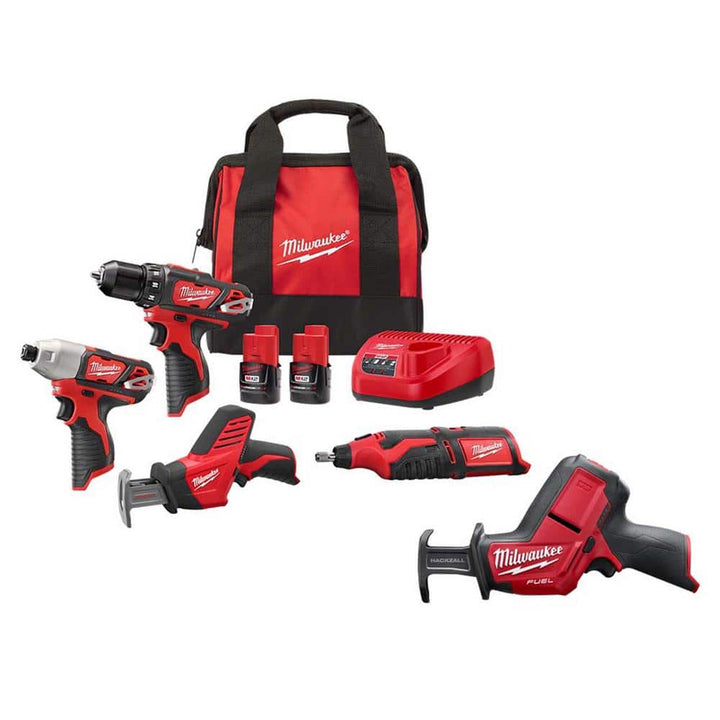 Milwaukee M12 12V Li‑Ion Cordless 4‑Tool Combo Kit with (2) 1.5Ah Batteries, Charger & HACKZALL Reciprocating Saw