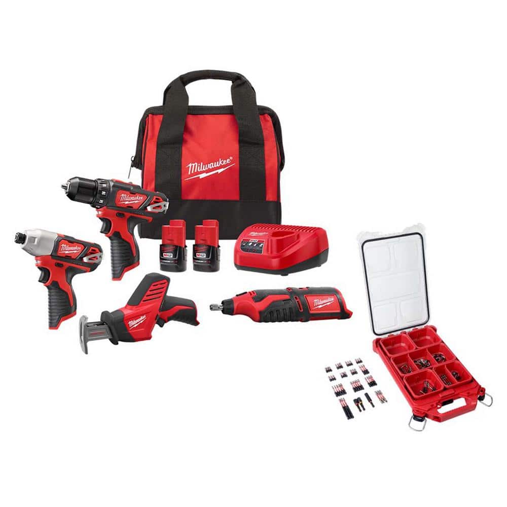 Milwaukee M12 12V Li-Ion Cordless 4-Tool Combo Kit with (2) 1.5Ah Batteries, Charger & 100-Pc Shockwave Bit Set in PACKOUT Case