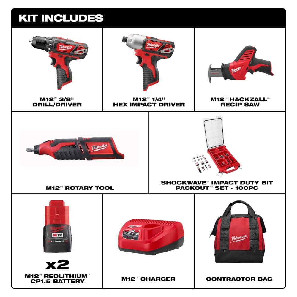 Milwaukee M12 12V Li-Ion Cordless 4-Tool Combo Kit with (2) 1.5Ah Batteries, Charger & 100-Pc Shockwave Bit Set in PACKOUT Case
