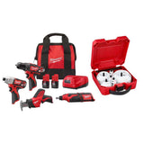 Milwaukee M12 12V Lithium-Ion Cordless 4-Tool Combo Kit with (2) 1.5Ah Batteries, Charger, Contractor Bag + Hole Dozer Hole Saw Set (28-Pc)