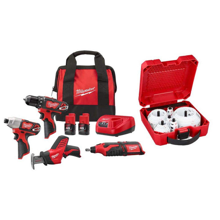 Milwaukee M12 12V Lithium-Ion Cordless 4-Tool Combo Kit with (2) 1.5Ah Batteries, Charger, Contractor Bag + Hole Dozer Hole Saw Set (28-Pc)