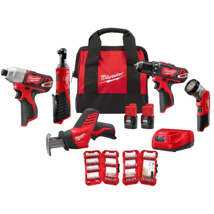 Milwaukee M12 12V Li‑Ion Cordless 5‑Tool Combo Kit with Two 1.5Ah Batteries, Charger, Bag + Recip Saw Blade Set (32‑Pc)