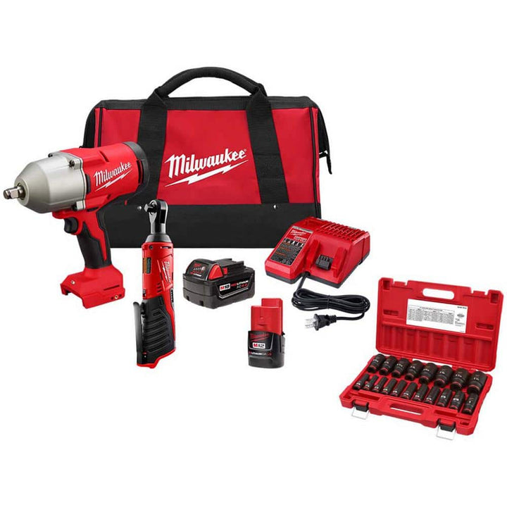 Milwaukee M12/M18 12/18V Li-Ion Cordless 3/8 in. Ratchet & 1/2 in. Brushless Impact Wrench Combo Kit with 19‑Piece 1/2 in. Drive SAE Deep Socket Set