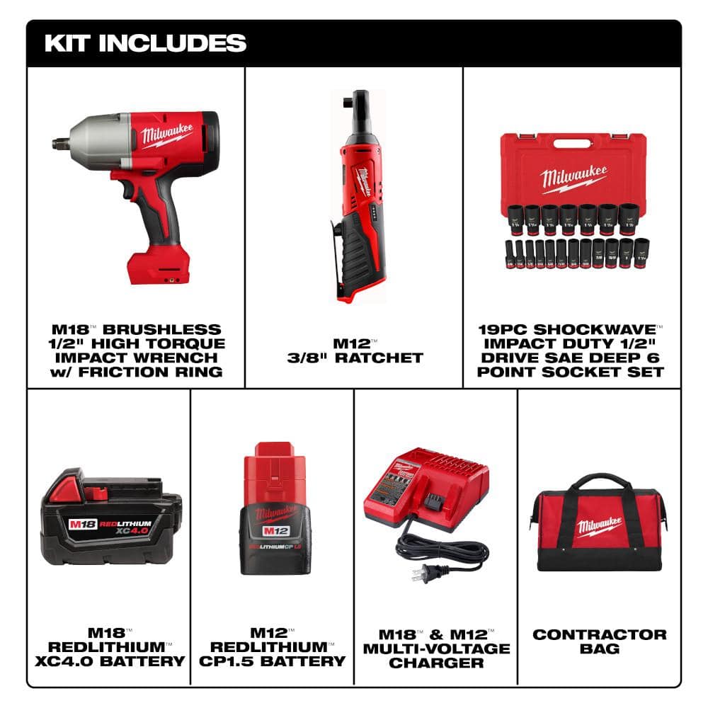 Milwaukee M12/M18 12/18V Li-Ion Cordless 3/8 in. Ratchet & 1/2 in. Brushless Impact Wrench Combo Kit with 19‑Piece 1/2 in. Drive SAE Deep Socket Set