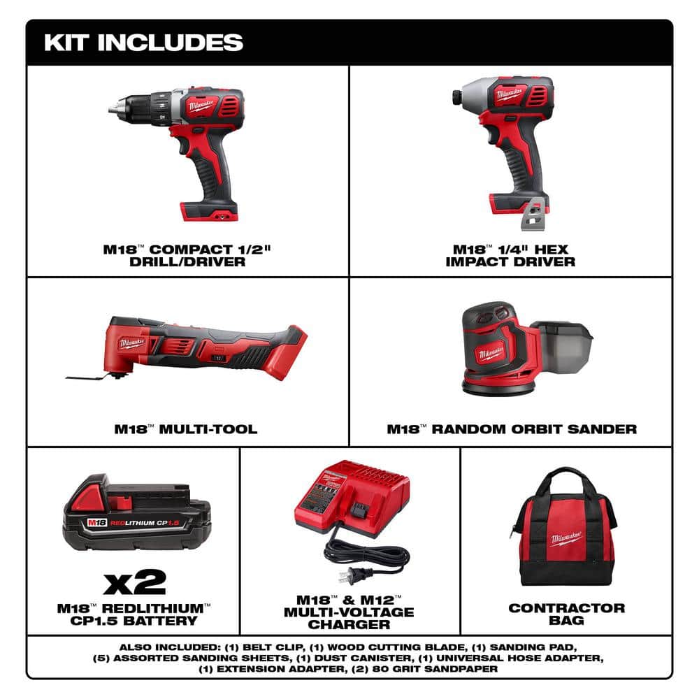 Milwaukee M18 18V Lithium-Ion Cordless Drill/Driver, Impact Driver & Reciprocating Saw Combo Kit (3-Tool) with Random Orbit Sander