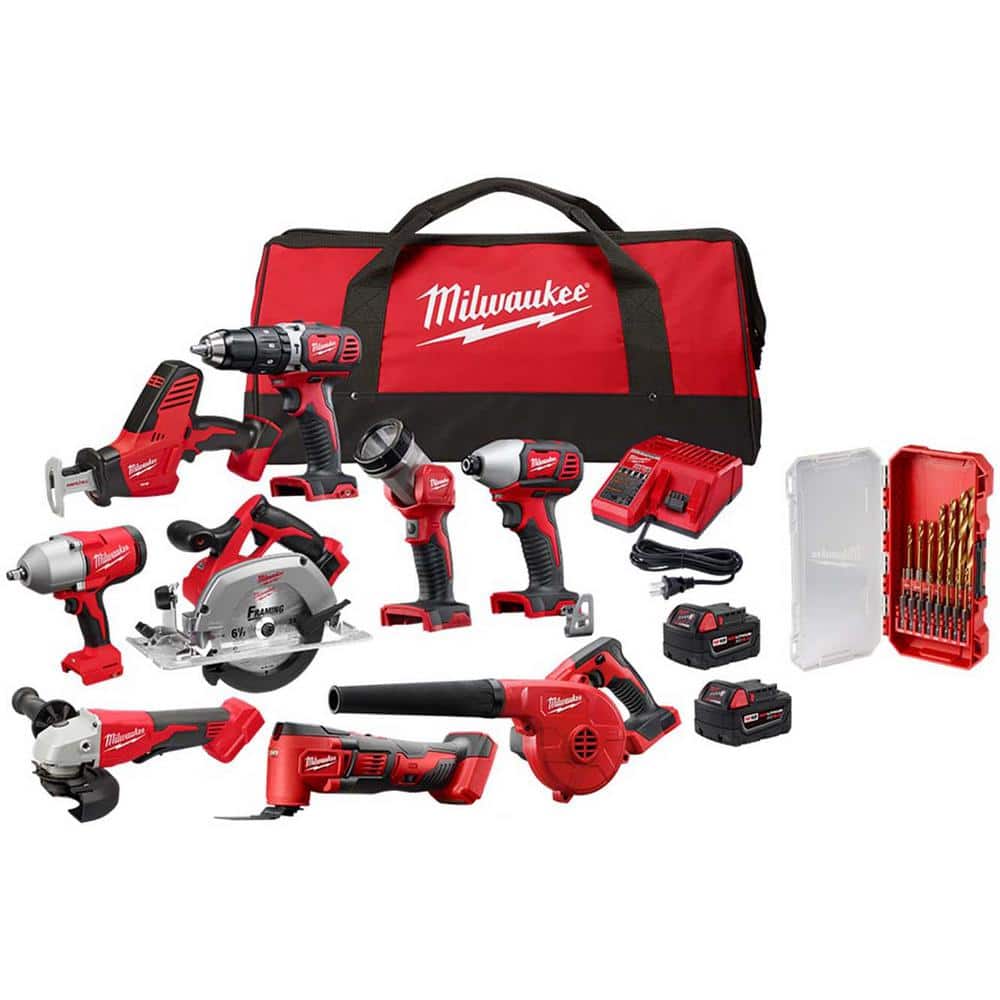 Milwaukee M18 18V Lithium‑Ion Cordless Combo Kit (9‑Tool) with (2) Batteries, Charger & Shockwave Red Helix Titanium Drill Bit Set (15‑Piece)