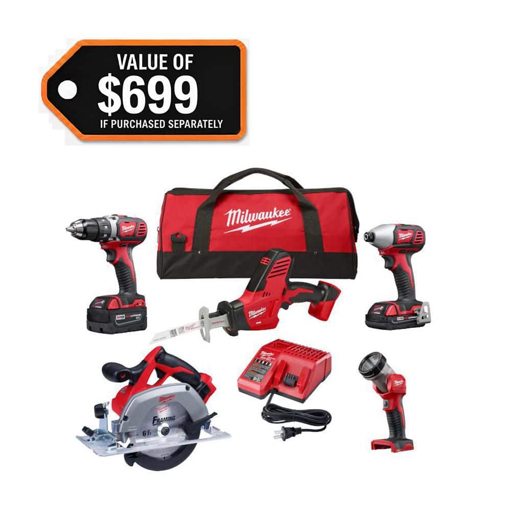 Milwaukee M18 18V Lithium-Ion Cordless Combo Kit, 5-Tool with (1) 3.0Ah & (1) 1.5Ah Battery, Charger & Tool Bag (Model 2695-25CX)