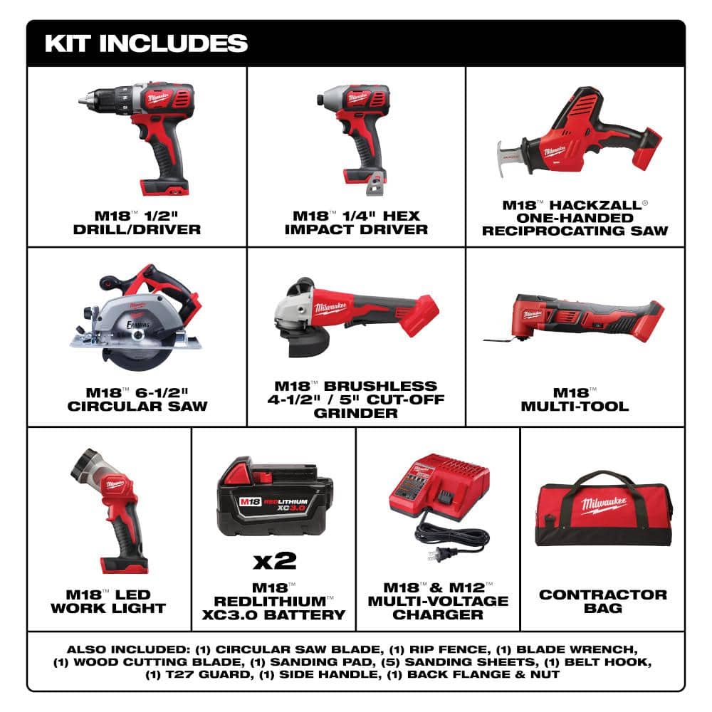 Milwaukee M18 18-Volt Lithium-Ion Cordless 7-Tool Combo Kit with 2 Batteries, Charger, Tool Bag + 15-Piece Drill Bit Set (2695-27SH-48-89-4670)