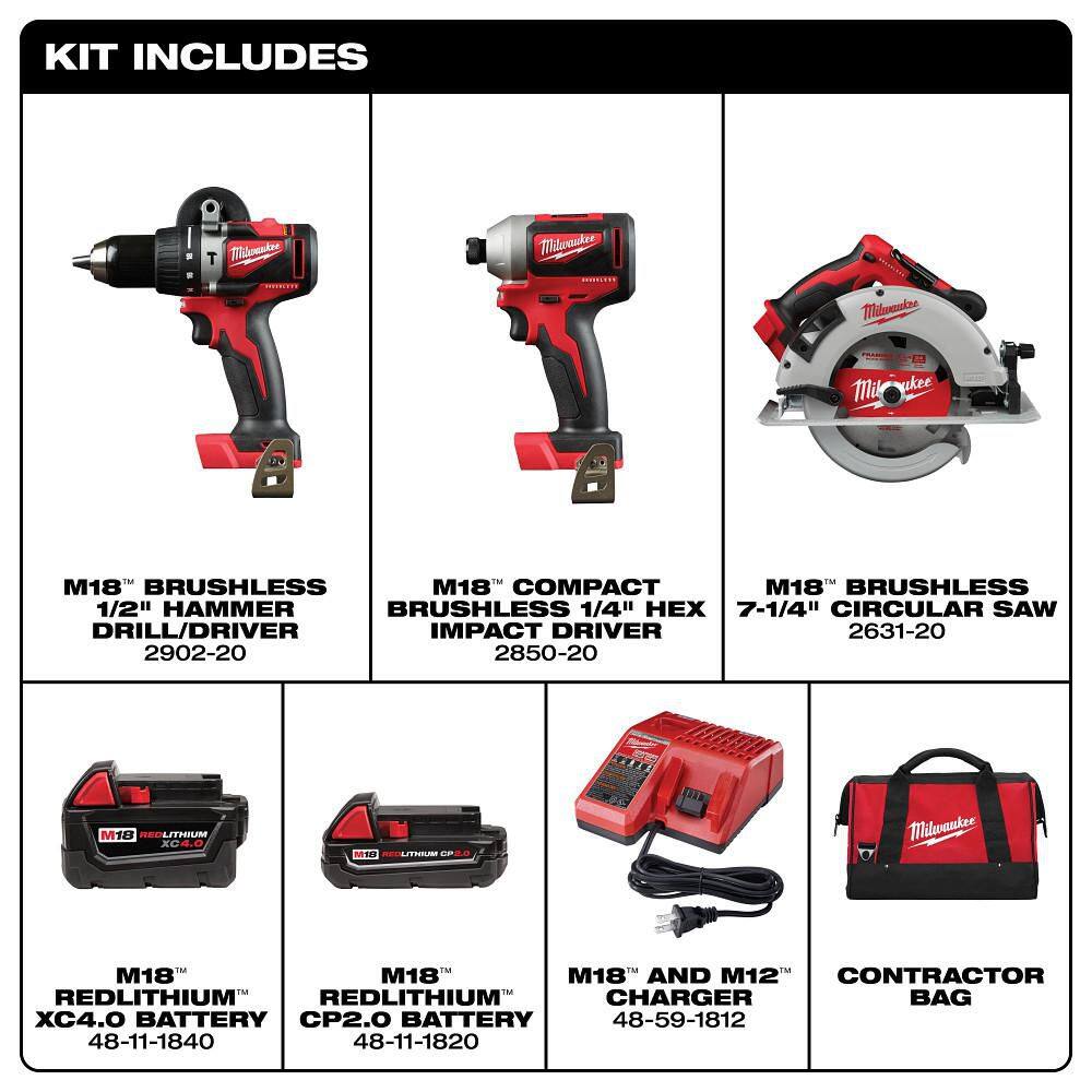 Milwaukee M18 18V Lithium-Ion Brushless Cordless Hammer Drill/Impact Driver/Circular Saw Combo Kit, 3-Tool with 2 Batteries (Model 2893-23CX)