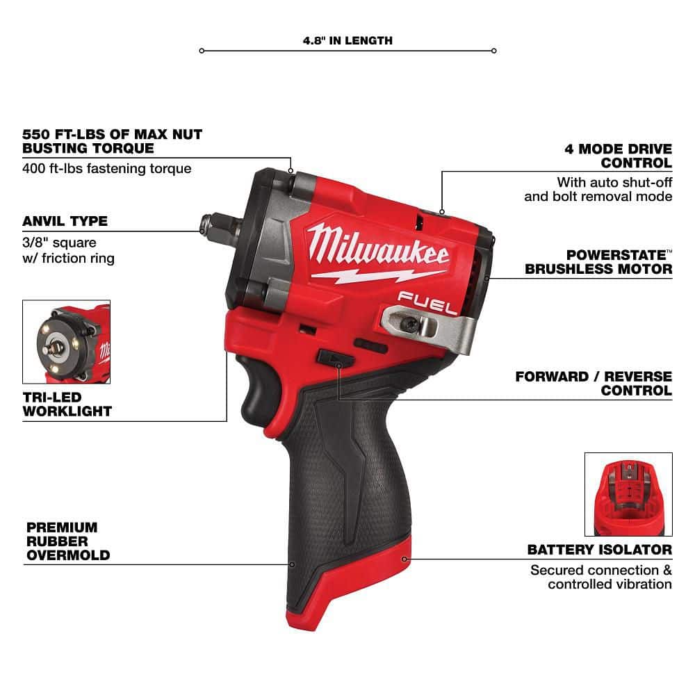 Milwaukee M12 FUEL 12V Cordless Drill/Driver, 3/8 in. Impact Wrench & 3/8 in. High-Speed Ratchet Combo Kit with Batteries, Charger & Bag