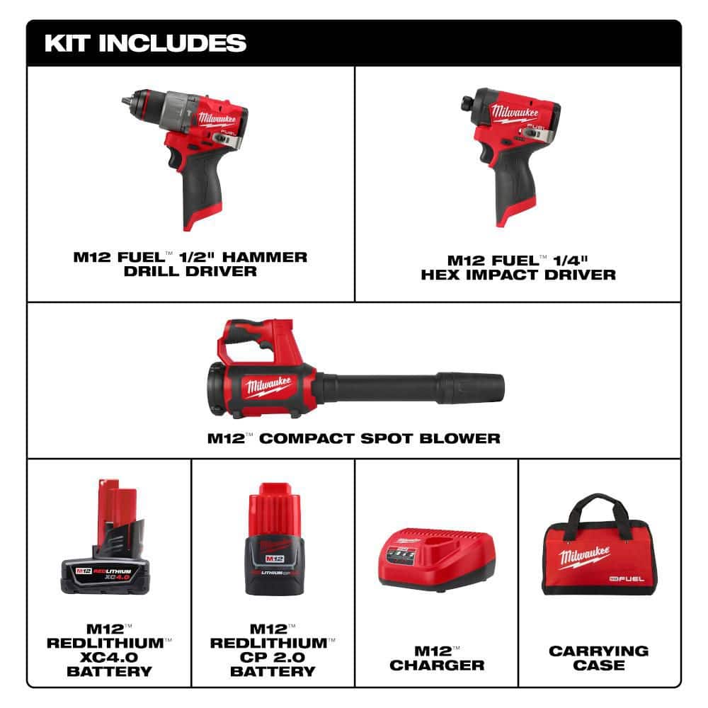 Milwaukee M12 FUEL 12-Volt Lithium-Ion Brushless Cordless Hammer Drill & Impact Driver Combo Kit with Compact Spot Blower, 3497-22-0852-20