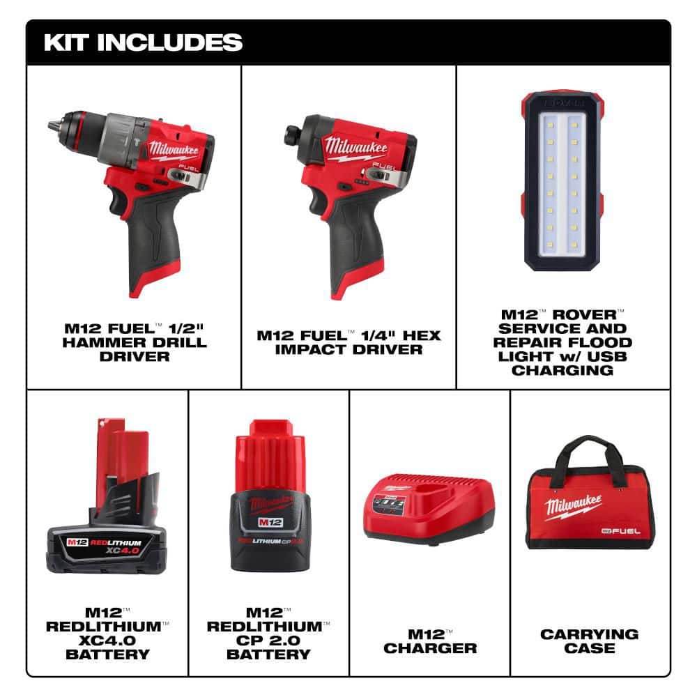 Milwaukee M12 FUEL 12-Volt Lithium-Ion Brushless Cordless Hammer Drill & Impact Driver Combo Kit with M12 ROVER Service Light