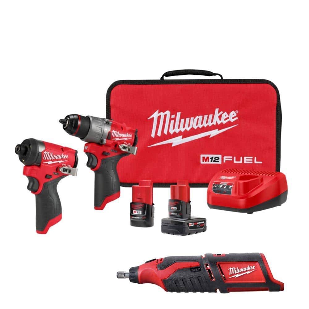 Milwaukee M12 FUEL 12-Volt Lithium-Ion Brushless Cordless Hammer Drill and Impact Driver Combo Kit (2-Tool) with Rotary Tool