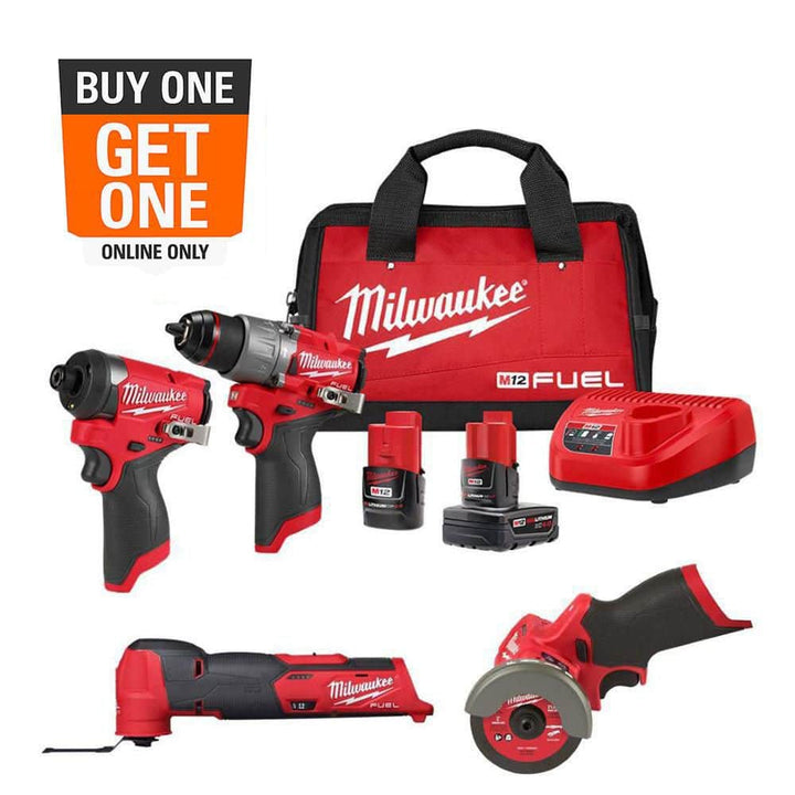 Milwaukee M12 FUEL 12V Li-Ion Brushless Cordless 4-Tool Combo Kit: Hammer Drill/Driver, Impact Driver, Multi-Tool & 3 in. Cut-Off Saw