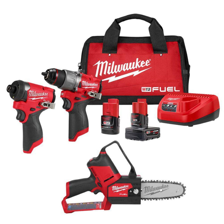 Milwaukee M12 FUEL 12-Volt Lithium-Ion Brushless Cordless Hammer Drill & Impact Driver Combo Kit with M12 FUEL 6" HATCHET Pruning Saw