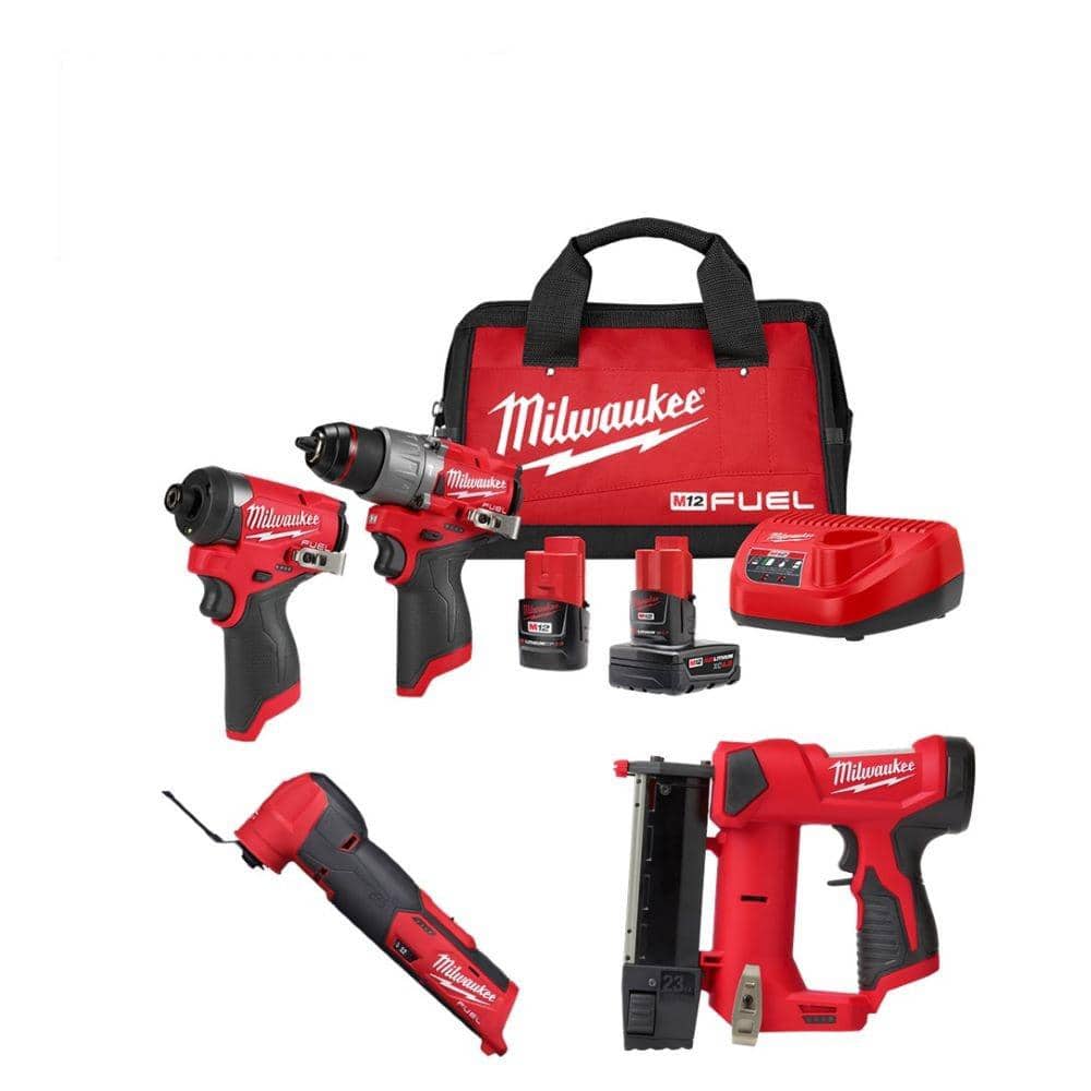 Milwaukee M12 FUEL 12V Cordless Hammer Drill & Impact Driver with M12 23‑Gauge Pin Nailer and M12 FUEL Oscillating Multi‑Tool Combo Kit