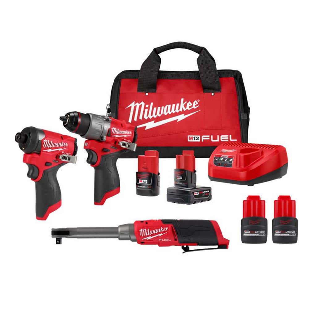 Milwaukee M12 FUEL 12V Cordless 2‑Tool Combo Kit with 3/8 in. Extended Reach High‑Speed Ratchet and (2) HO 2.5Ah Batteries