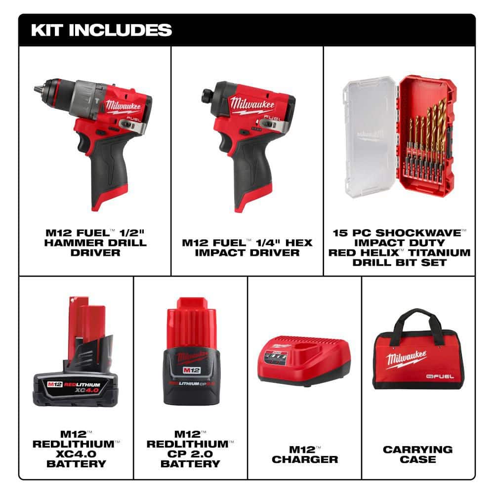 Milwaukee M12 FUEL 12-Volt Li-Ion Brushless Cordless Hammer Drill & Impact Driver Combo Kit (2-Tool) with M12 Right Angle Drill