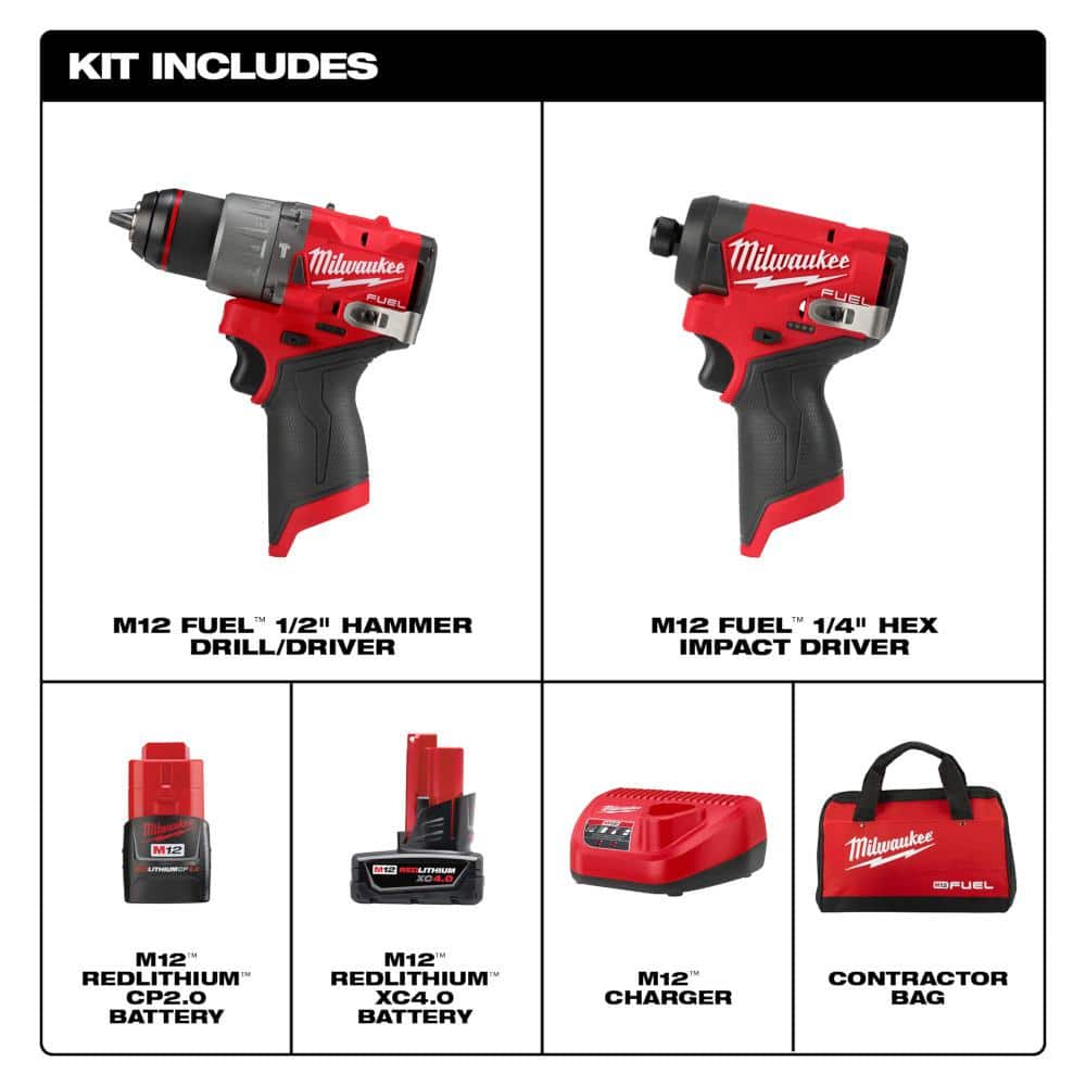 Milwaukee M12 FUEL 12-Volt Brushless Cordless Hammer Drill & Impact Driver Combo Kit with 2.0Ah Battery