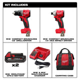 Milwaukee M18 18V Brushless Cordless Compact Drill/Impact Combo Kit w/(2) 2.0Ah Batteries, Charger, Bag & 100-Pc Bit Set