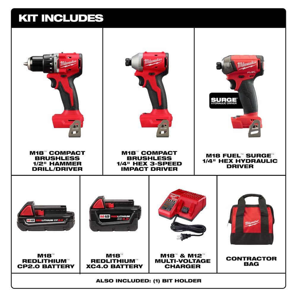 Milwaukee M18 18-Volt Lith-Ion Brushless Cordless Compact Hammer Drill/Impact Combo Kit w/2 Batteries & M18 FUEL Impact Driver