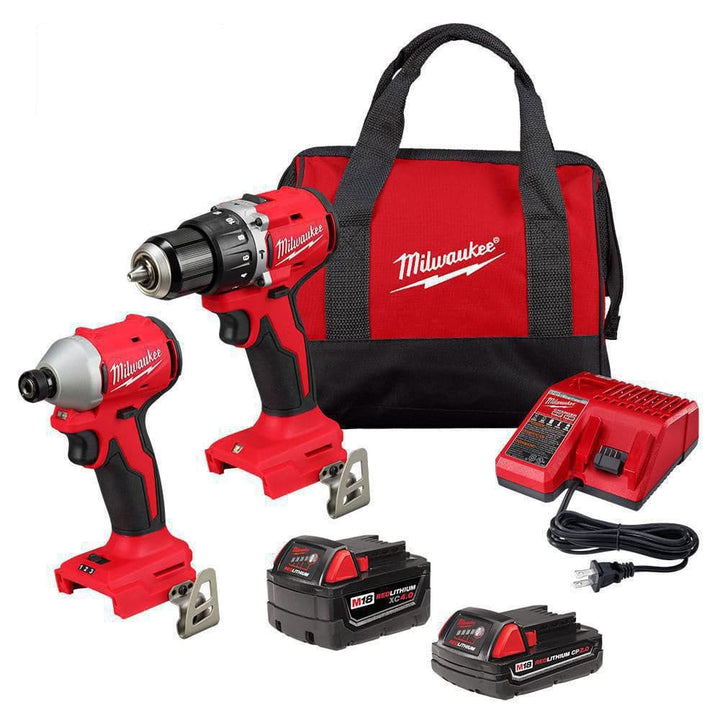 Milwaukee M18 18V Brushless Compact Hammer Drill/Impact Driver Combo Kit (2-Tool) with (2) Batteries, Charger & Bag + M18 Multi-Tool