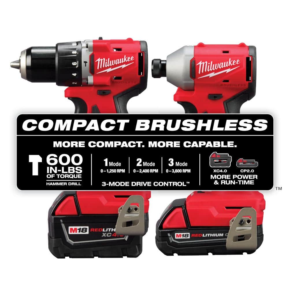 Milwaukee M18 18-Volt Brushless Cordless Compact Hammer Drill & 3-Speed Impact Driver Combo Kit with (2) Batteries, Charger & Bag (3693-22CX) + M18 6-1/2 in. Circular Saw (2630-20)