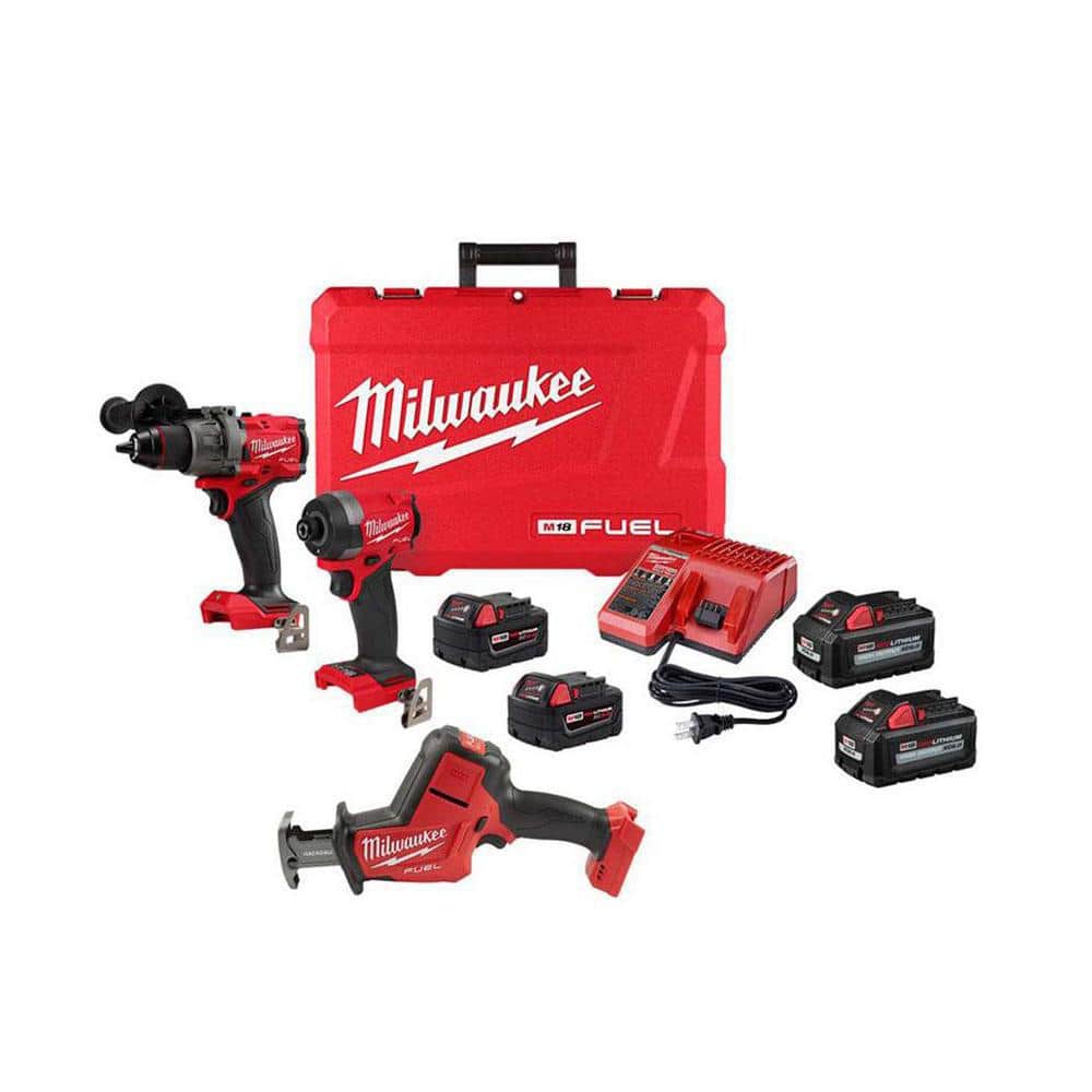 Milwaukee M18 FUEL 18-Volt Brushless Cordless Hammer Drill, HACKZALL & Impact Driver Combo Kit (3-Tool) with (4) Batteries