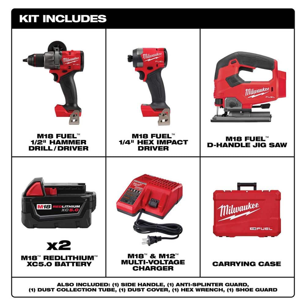 Milwaukee M18 FUEL 18‑V Lithium‑Ion Brushless Cordless Hammer Drill & Impact Driver Combo Kit (2‑Tool) with D‑Handle Jigsaw