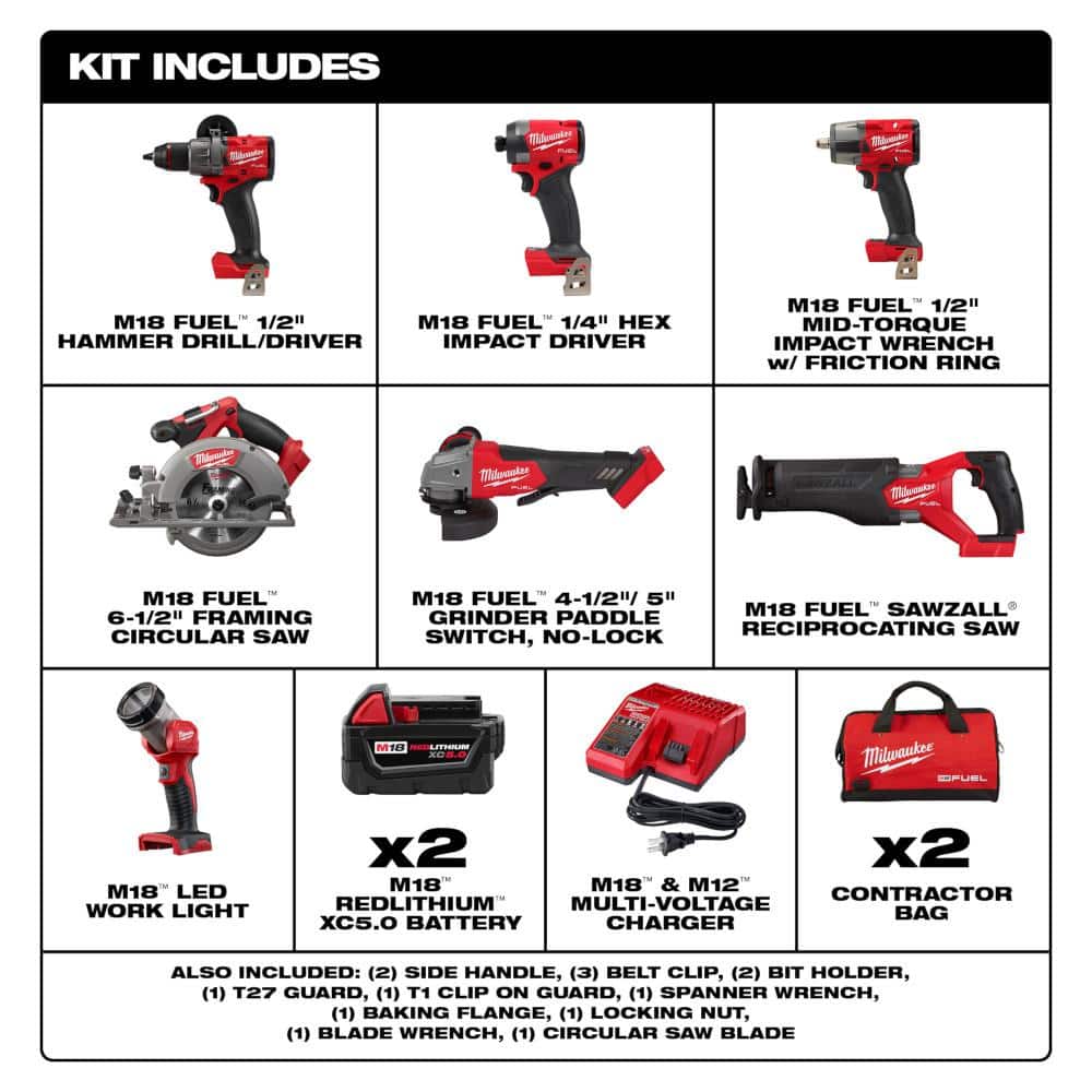 Milwaukee M18 FUEL 18V Lithium‑Ion Brushless Cordless 7‑Tool Combo Kit w/ Multi‑Tool & Jig Saw, Two 5.0Ah Batteries