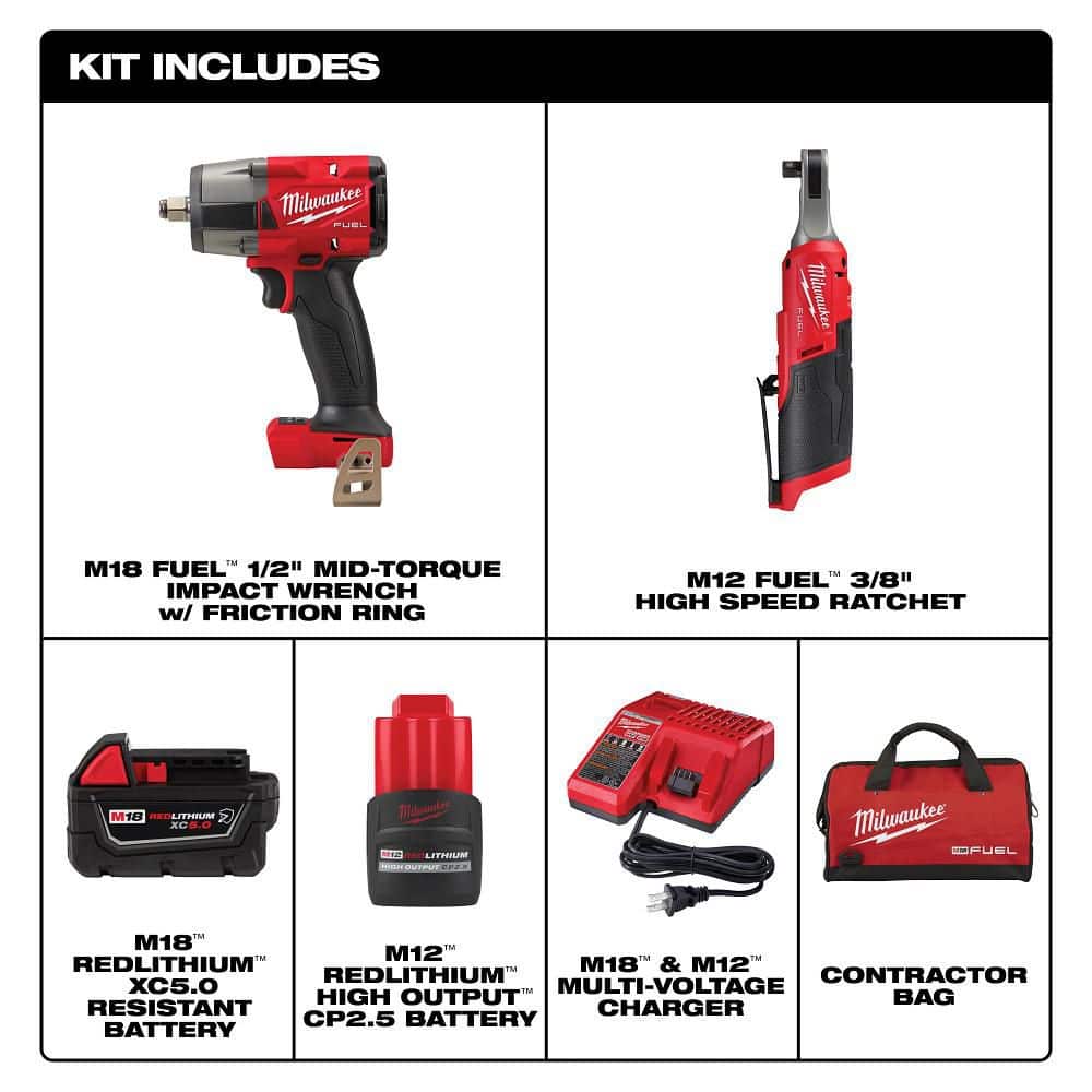 Milwaukee M18 FUEL 18V Mid‑Torque 1/2 in. Impact Wrench & M12 FUEL 3/8 in. High‑Speed Ratchet Combo Kit (Batteries & Charger)