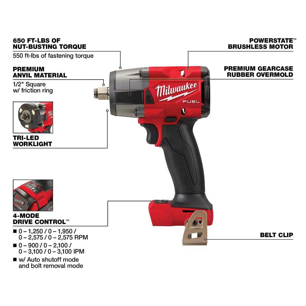 Milwaukee M18 FUEL 18V Mid‑Torque 1/2 in. Impact Wrench & M12 FUEL 3/8 in. High‑Speed Ratchet Combo Kit (Batteries & Charger)