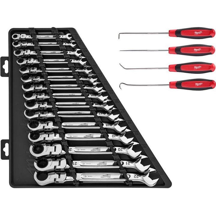 Milwaukee 144-Position Flex-Head Ratcheting Combination Wrench Set, Metric, with Hook & Pick Set (19-Piece)