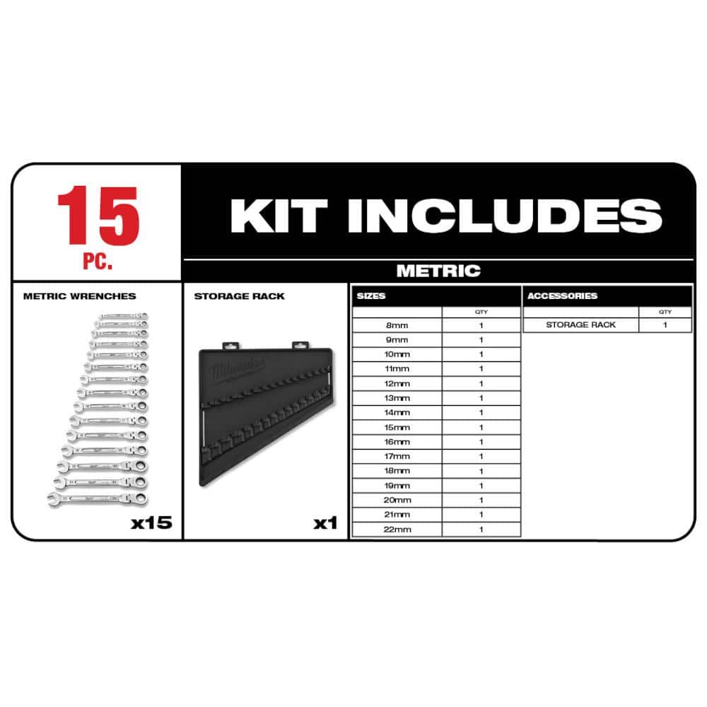 Milwaukee 144-Position Flex-Head Ratcheting Combination Wrench Set, Metric, with Hook & Pick Set (19-Piece)