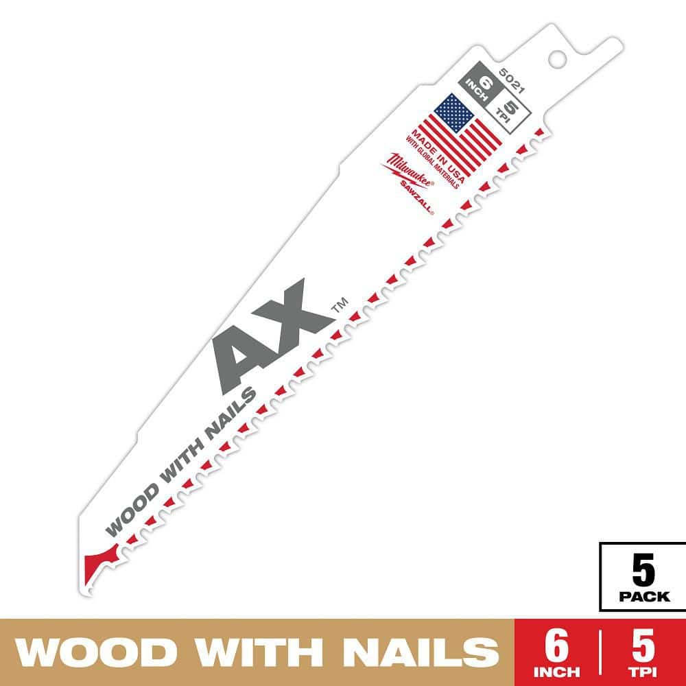Milwaukee 6 in. 5 TPI AX SAWZALL Reciprocating Saw Blades for Nail-Embedded Wood (5-Pack)