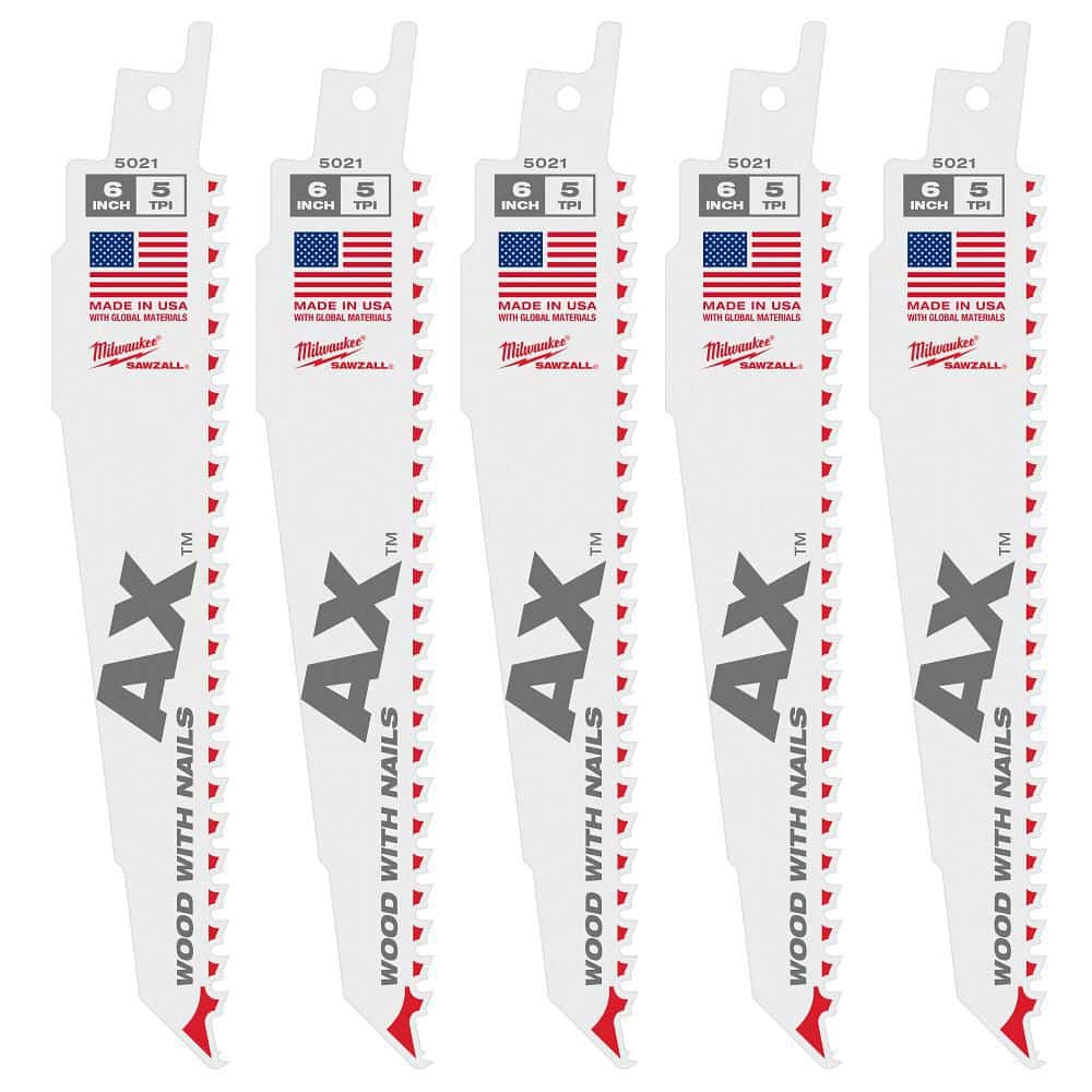 Milwaukee 6 in. 5 TPI AX SAWZALL Reciprocating Saw Blades for Nail-Embedded Wood (5-Pack)