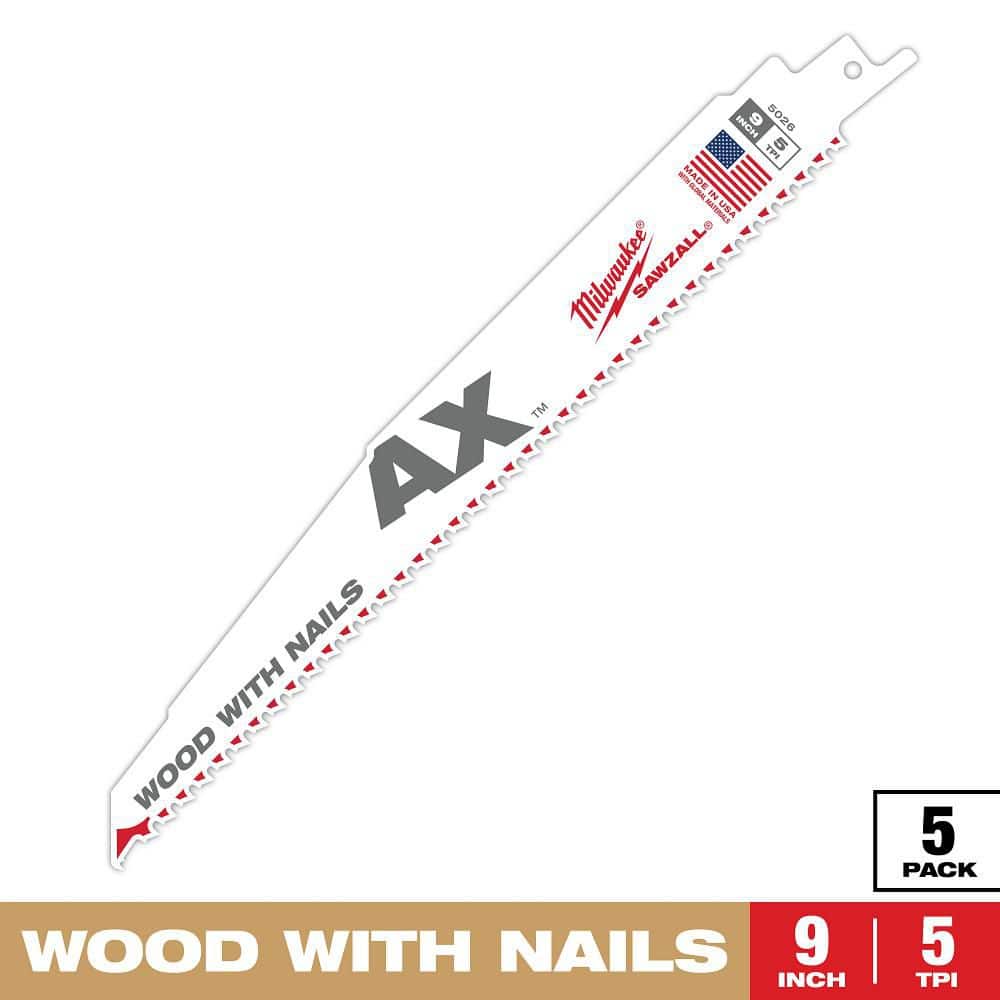 Milwaukee 9 in. 5 TPI AX Nail-Embedded Wood Cutting Reciprocating Saw Blades, Bi-Metal – 10 Pack