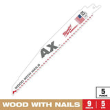 Milwaukee 9 in. 5 TPI AX Nail-Embedded Wood Cutting Reciprocating Saw Blades, Bi-Metal – 10 Pack
