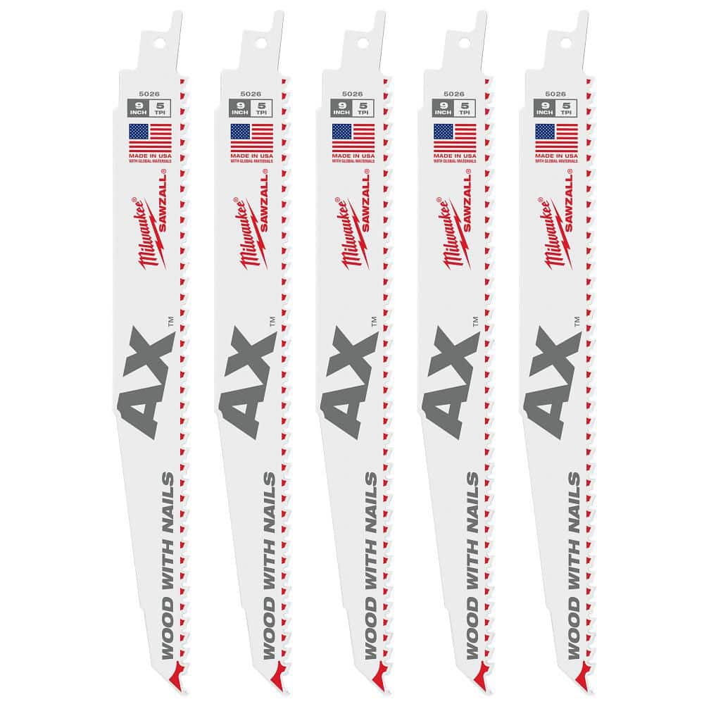 Milwaukee 9 in. 5 TPI AX Nail-Embedded Wood Cutting Reciprocating Saw Blades, Bi-Metal – 10 Pack